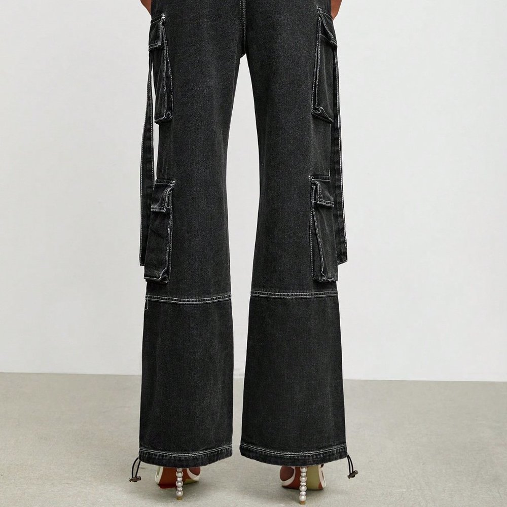Black Casual Womens Flap Pocket Belted Cargo Jeans - Picture 4 of 5